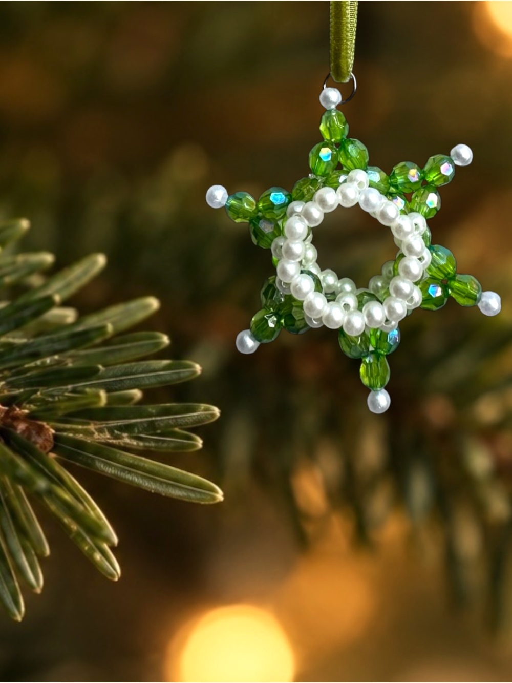Wild Violet Handmade Bead Star Ornament “Evergreen Light” on Velvet Ribbon